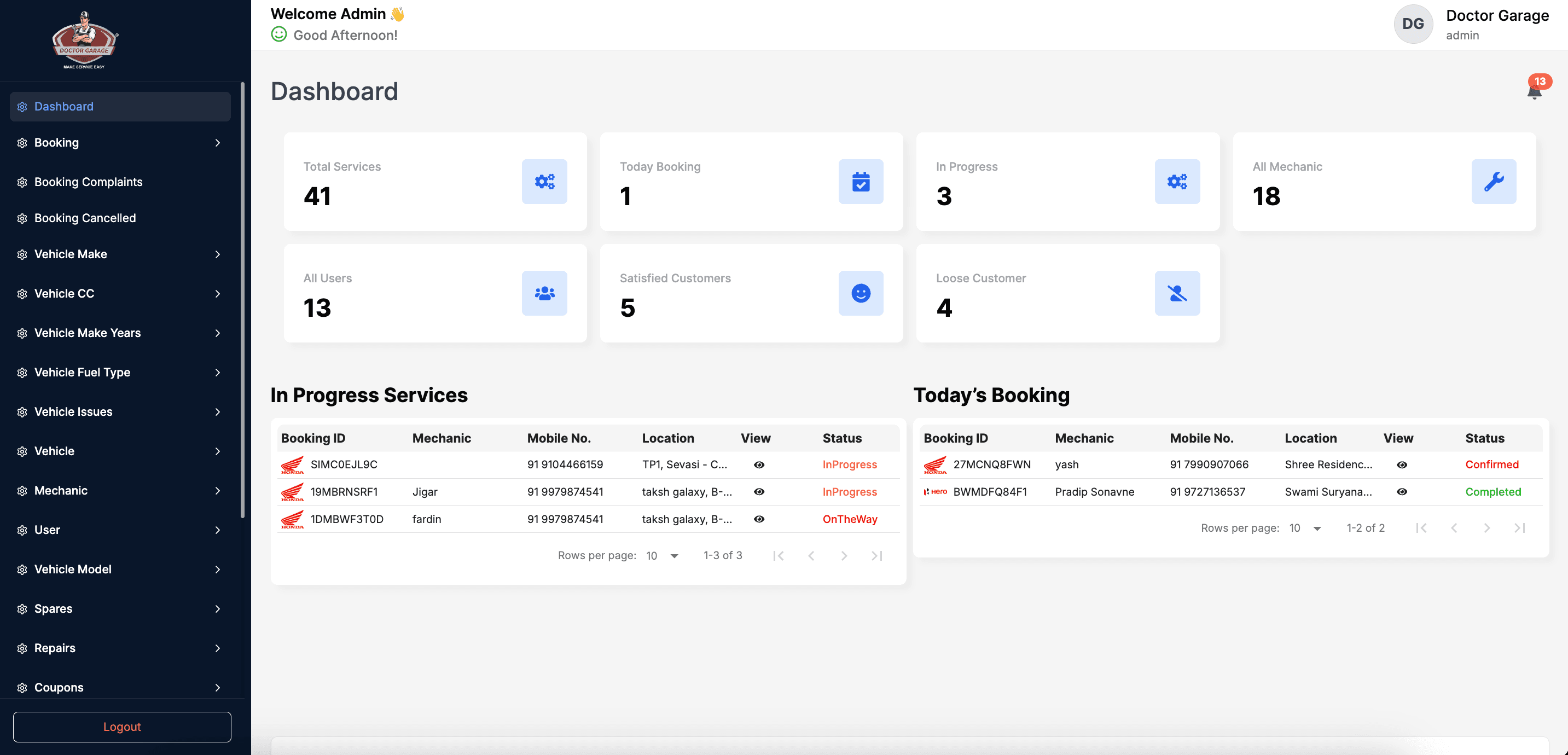 Doctor Garage - Admin Dashboard
