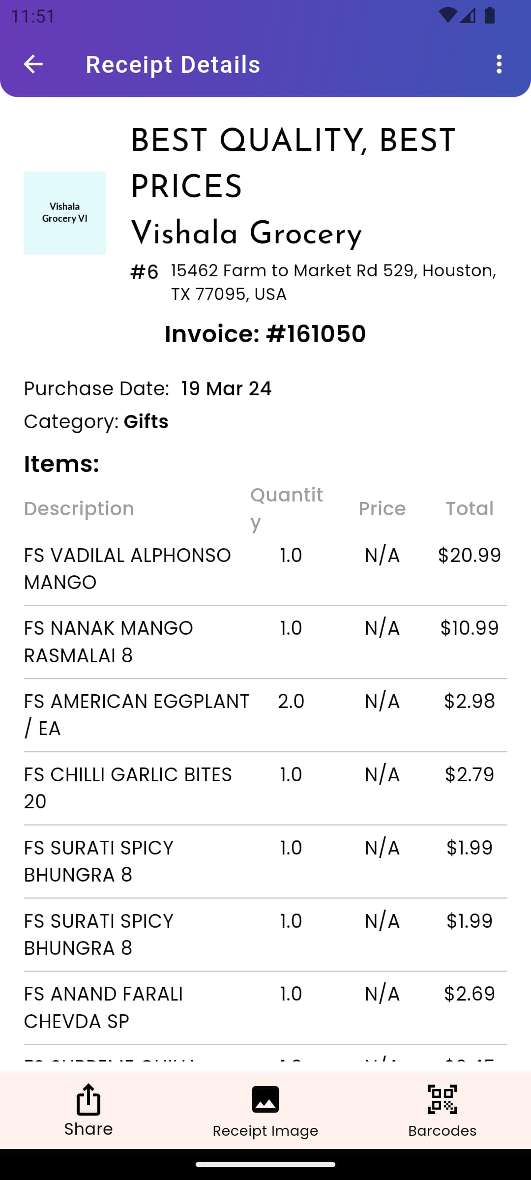 Receipts and Returns - Receipt Details