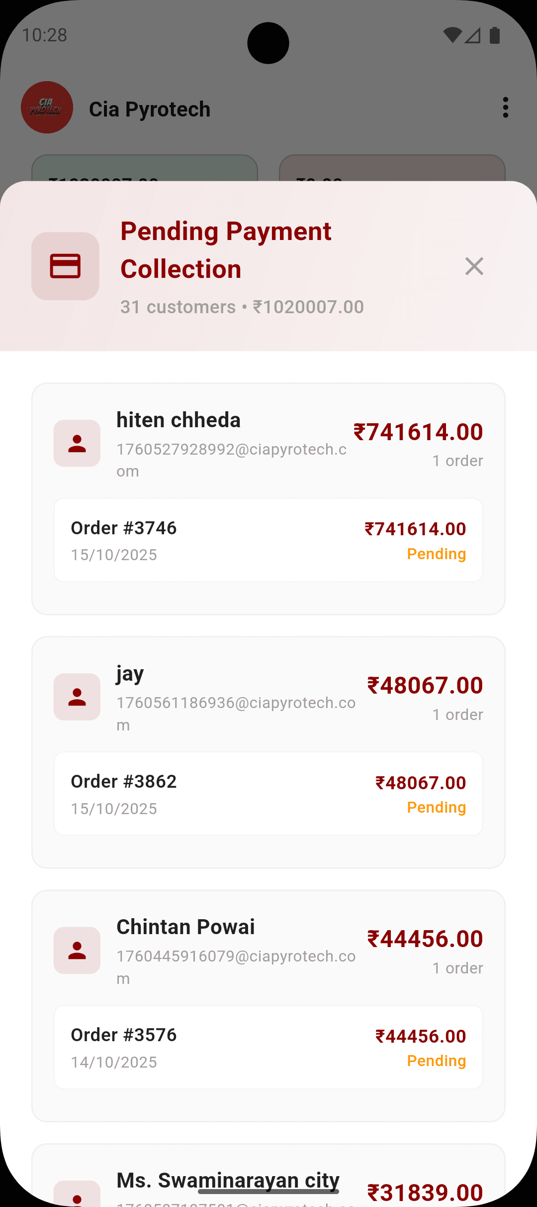 CIA Pyrotech - Pending Payment Summary